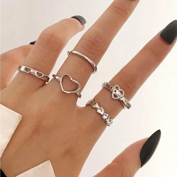 SILVER 5pc Heart Cuff Ring Set - Picture 1 of 2